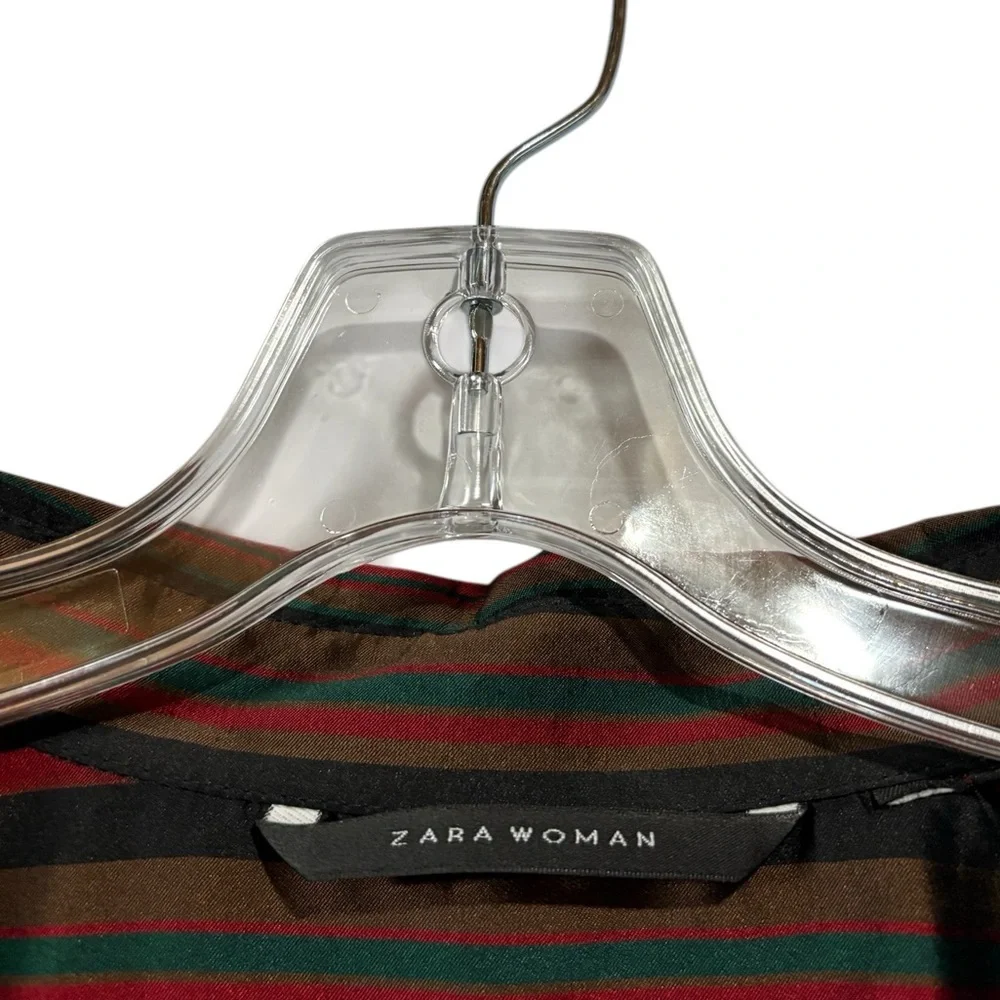 Zara Woman, Striped Satin Blouse, Large, Black, Red, Green, Brown - Picture 3 of 9